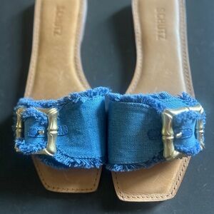 ENOLA SCHUTZ Blue and Tan Frayed Slide Sandals